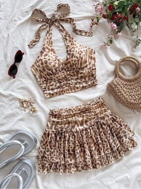Leopard Print Halter Crop Top & Ruffle Mini Skirt Set - Brown